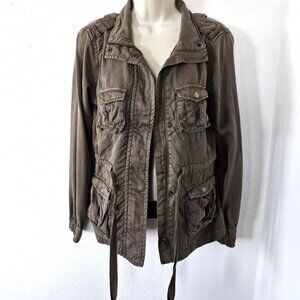 Maison Jules Olive Green Full Zip Tencel Military Style Utility Jacket Women's S
